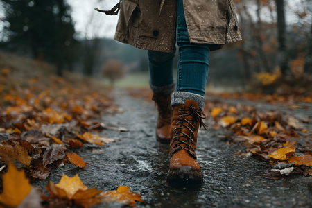 A person wearing jeans, a coat, and brown boots walks down a rain-soaked path covered in vibrant autumn leaves. the scene evokes a sense of seasonal change, adventure, and exploration in a natural forest setting. Generative AIの素材
