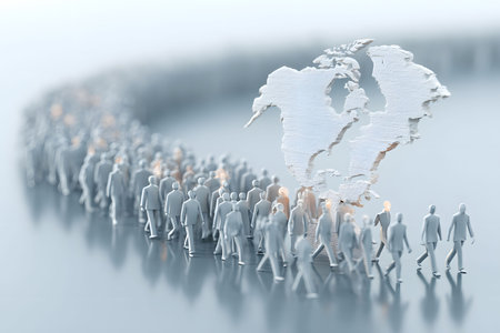 Depicting a multitude of figures forming the shape of north america, themes of unity, cooperation, and diversity. the monochrome color scheme creates a modern, minimalist aesthetic suitable for social or environmental concepts. Generative AIの素材