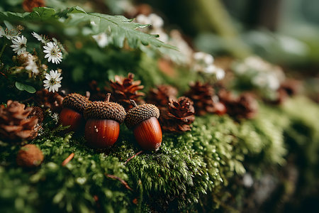 Acorns nestled among pine cones and white wildflowers rest on a lush, moss-covered forest floor. the rich, earthy colors and natural textures evoke the serene beauty of an autumn woodland scene. Generative AIの素材