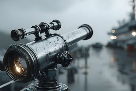 A vintage maritime telescope focuses on a misty harbor, symbolizing exploration and nautical adventure. the background features blurred outlines of ships, enhancing the theme of maritime discovery and navigation. Generative AIの素材
