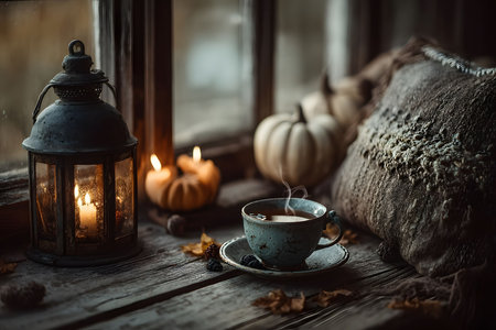 Rustic wooden window ledge adorned with a steaming cup of tea, candlelit lantern, plush pillow, and small pumpkins. autumn leaves scattered around create a warm, inviting atmosphere, perfect for cozy fall moments. Generative AIの素材