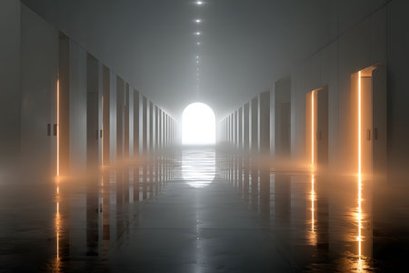 A sleek, modern corridor with illuminated doors lining both sides, leading to a bright, foggy endpoint. the minimalist design and ambient lighting create a mysterious and futuristic ambiance, evoking curiosity and intrigue. Generative AIの素材