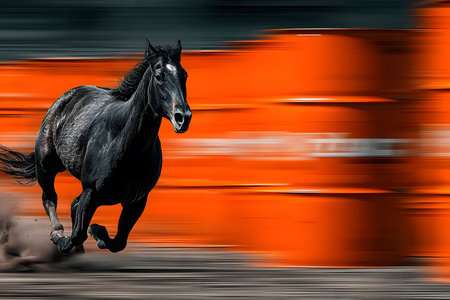 A striking black horse gallops energetically in front of a blurred, vivid orange backdrop. the contrasting colors and dynamic movement create an eye-catching visual, perfect for advertising, design, or promotional materials. Generative AIの素材