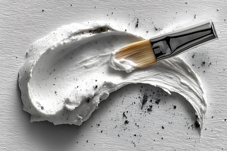 White paint spread across a textured canvas with a paintbrush, emphasizing creativity and artistic expression. the contrast of the brushstrokes and textured background highlights the artistic process. Generative AIの素材