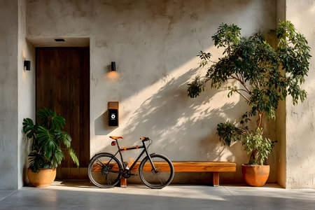 A stylish minimalist interior featuring a sleek bicycle leaning against a textured wall, accompanied by a wooden bench and vibrant indoor plants. soft, natural lighting enhances the modern aesthetic, creating a serene and contemporary living space. Generative AIの素材