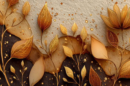 Intricate golden botanical patterns on a textured, autumn-inspired background with leaves and flowers. the design features a harmonious blend of earthy browns and golds, ideal for home decor, illustrations, and seasonal themes. Generative AIの素材