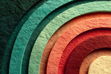 A visually striking display of textured, layered paper in a gradient of colors, ranging from deep teal to warm coral. perfect for creative design uses, including backgrounds, prints, and artistic projects. Generative AIの素材