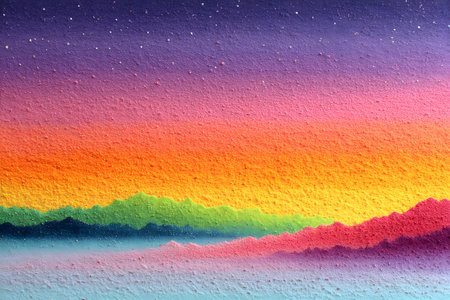 A textured gradient showcases a vibrant sunset landscape, blending hues of purple, orange, yellow, pink, and green. the abstract design evokes a sense of serenity and artistic impression, perfect for wall decor and creative projects. Generative AIの素材