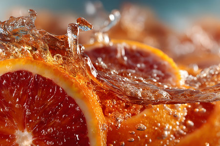 Close-up of sliced oranges with invigorating water splash, showcasing vibrant colors and textures. ideal for summer-themed designs, illustrating freshness and vitality in food and beverage concepts. Generative AIの素材