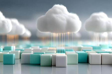Abstract representation of cloud computing featuring soft, luminous clouds connected to a grid of 3d cubes. the cool-toned pastel colors and sleek design convey innovation and technological progress. Generative AIの素材