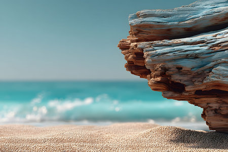 Weathered driftwood rests on a serene sandy beach, with gentle waves lapping at the shore under clear blue skies. the tranquil scene evokes a sense of peace and natural beauty, perfect for summer vacation themes. Generative AIの素材