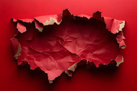 Dramatic red paper is torn to reveal a textured surface beneath, ideal for creative design uses in invitations, posters, or digital art projects. the crumpled edges add a dynamic and bold visual effect. Generative AIの素材