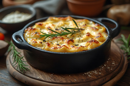 Iron skillet filled with creamy, golden-brown baked macaroni and cheese, topped with a sprig of fresh rosemary. soft, melted cheese and browned pasta surface create a comforting, inviting culinary presentation, ideal for recipe ideas. Generative AIの素材