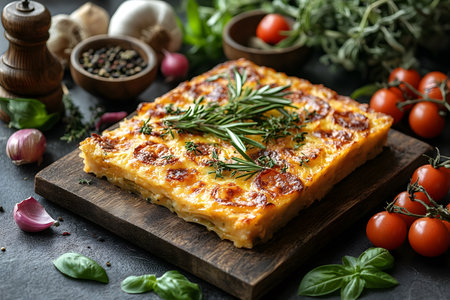 A savory baked cheese dish garnished with rosemary and thyme, served on a rustic wooden board. surrounded by fresh ingredients like garlic cloves, cherry tomatoes, basil leaves, and peppercorns, with a warm, inviting ambiance. Generative AIの素材