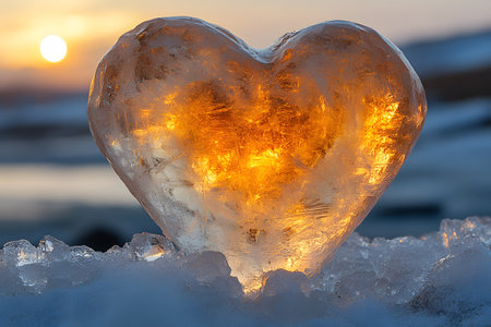 Heart-shaped ice sculpture illuminated by the warm glow of a sunset, set against a wintery landscape. this image embodies themes of love and romance, making it ideal for valentine's day cards, posters, and romantic winter design projects. Generative AIの素材
