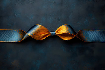 Elegant blue and gold satin ribbon bow laid on a dark, textured background, ideal for luxury-themed designs. perfect for use in packaging, invitations, or festive decorations, emphasizing elegance and sophistication. Generative AIの素材