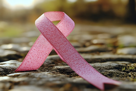 A pink ribbon, symbolizing breast cancer awareness, rests on a cobblestone pathway. the blurred background hints at an outdoor setting, emphasizing hope and resilience in the fight against cancer. Generative AIの素材