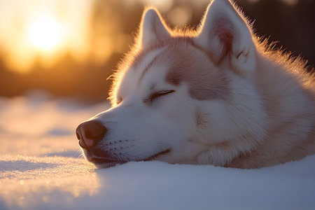 A peaceful siberian husky rests on a snowy landscape as the warm, golden sunset illuminates the winter background. the calm expression and serene environment evoke feelings of tranquility and peace in the winter season. Generative AIの素材