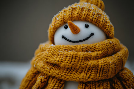 Cheerful snowman adorned with a knitted orange scarf and hat, featuring a classic carrot nose. a charming winter scene perfect for festive holiday decorations or seasonal greeting cards. Generative AIの素材