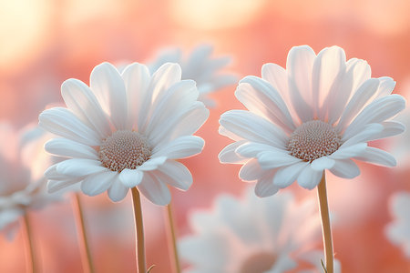 White daisies bathed in soft pastel lighting create a serene springtime scene. the gentle light enhances the petals' delicate textures, making it ideal for nature-themed posters, prints, or serene design elements. Generative AIの素材