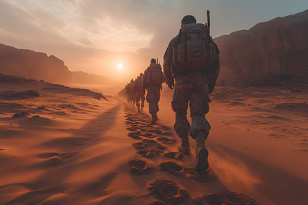A group of soldiers in full gear marches through a vast desert landscape, following a trail of footprints towards a stunning sunset. the scene mes of perseverance, duty, and adventure, framed by the warm glow of the setting sun and rugged terrain. Generative AIの素材