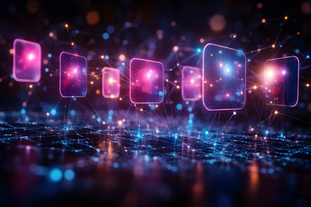 Abstract representation of a futuristic digital network featuring glowing nodes connected by intricate lines. the vibrant colors and dynamic composition convey themes of innovation, technology, and digital connectivity. Generative AIの素材