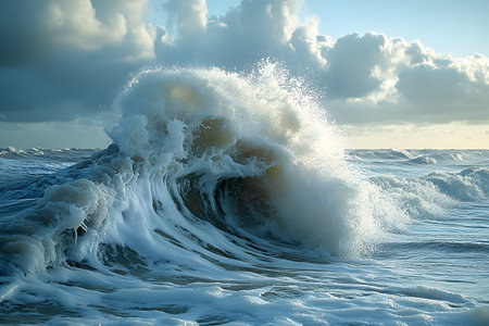 A powerful ocean wave crashes dramatically against the sea under a moody, cloud-filled sky. the dynamic scene raw energy of nature, the intricate patterns of the frothy water and the contrasting serene sky. Generative AIの素材