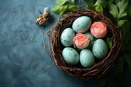 Speckled blue eggs and delicate pink roses arranged in a rustic nest, accompanied by a lifelike bee on a textured blue background, creating a harmonious blend for spring or easter-themed decor. Generative AIの素材