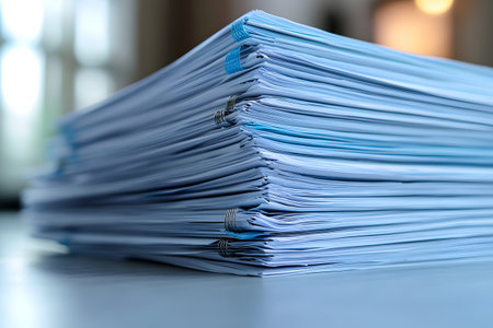 Large stack of documents neatly organized, illustrating themes of office productivity, paperwork management, and business administration. perfect for concepts related to efficient organization, filing systems, and professional environments. Generative AIの素材