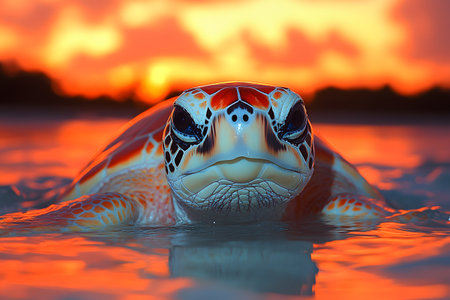 A sea turtle surfacing in tranquil ocean waters against a rich, fiery sunset. the vibrant colors reflect on the turtle's shell, creating a stunning contrast, ideal for nature-themed decor and artistic projects. Generative AIの素材