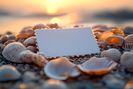 Blank card positioned among seashells on a beach during sunset, creating a warm and inviting summer ambiance. ideal for vacation-themed designs, personalized messages, or seaside decorative concepts. Generative AIの素材