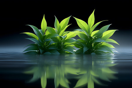 Lush green plants with elongated leaves stand gracefully, casting serene reflections over a calm, dark water surface. the tranquil scene highlights themes of nature, tranquility, and peacefulness, with vibrant greens contrasting against the shadowy backdrop. Generative AIの素材