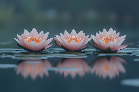 Three delicate pink water lilies gracefully float on serene water, their reflections creating a harmonious and peaceful scene. ideal for themes of tranquility, nature, and elegance, suitable for design or decor. Generative AIの素材