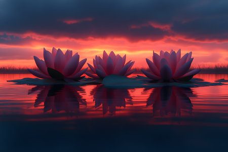 Vibrant water lilies float peacefully on a calm lake, reflecting the rich hues of a dramatic sunset. the vivid colors of the sky and gentle ripples create a soothing, tranquil scene perfect for nature-themed designs. Generative AIの素材