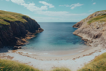 Tranquil coastal cove nestled between rugged cliffs, featuring clear blue waters under a sunny sky. ideal for nature retreats, summer vacations, or travel inspiration, serene and untouched natural beauty. Generative AIの素材
