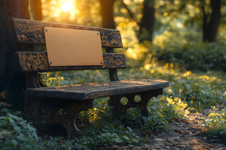 A rustic wooden park bench is set in a serene forest, dappled in warm sunlight filtering through the trees. the scene evokes tranquility and invites relaxation, blending nature's beauty with a peaceful atmosphere. Generative AIの素材