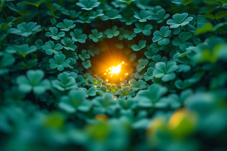 A mystical scene featuring a lush field of clover leaves with a radiant golden light emanating from the center. ideal for st. patrick's day themes, evoking magic, luck, and nature's enchantment. Generative AIの素材