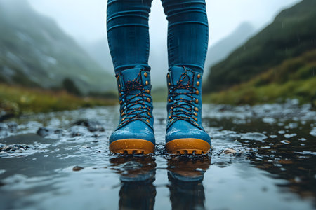 Blue hiking boots stand in a reflective puddle amidst a lush, mountainous landscape. raindrops ripple the water's surface, enhancing the serene, adventurous vibe. ideal for themes of exploration, nature, and outdoor activities. Generative AIの素材
