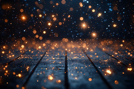 Glittering bokeh lights create a magical effect against a rustic wooden surface, offering an elegant backdrop for festive designs, event invitations, or seasonal marketing materials. ideal for conveying warmth and celebration. Generative AIの素材