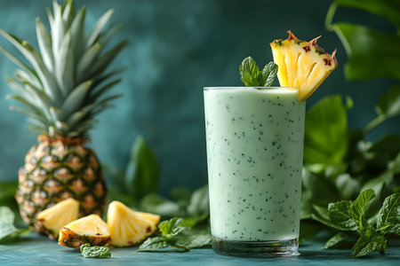 A refreshing pineapple mint smoothie served in a glass garnished with pineapple and mint leaves. surrounded by fresh pineapple and leafy greens, this vibrant drink is perfect for a summer treat or healthy refreshment. Generative AIの素材