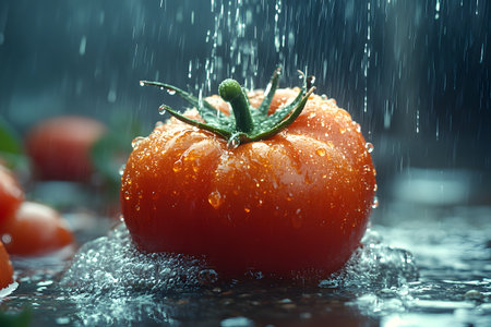 Fresh tomato under a dynamic water splash, capturing the vitality and freshness ideal for culinary and healthy eating themes. vivid details emphasize natural textures and the essence of freshness. Generative AIの素材