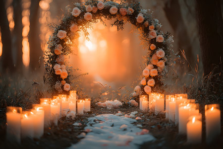 A beautifully arranged floral arch adorned with peach roses and greenery stands in a tranquil forest setting. soft candlelight illuminates the pathway, creating a magical atmosphere perfect for weddings or romantic events at sunset. Generative AIの素材