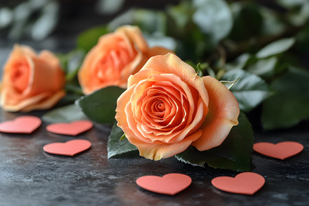 Orange roses placed on a dark stone surface accompanied by small heart decorations. the vibrant blooms and symbolic hearts create a romantic and elegant scene, perfect for expressing love, affection, and celebration. Generative AIの素材