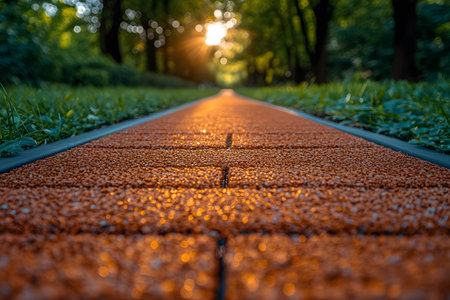 A sunlit path in a forest park, with golden rays of light illuminating the orange walking trail. the bokeh effect in the background emphasizes the serene and tranquil atmosphere of the lush green surroundings. Generative AIの素材
