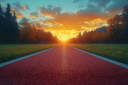 Vibrant sunset illuminates a red running track flanked by lush green grass and an autumn forest. the dramatic sky features glowing clouds, emphasizing a peaceful outdoor fitness and nature setting. Generative AIの素材