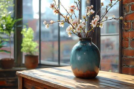 Rustic charm meets spring elegance with cherry blossoms arranged in a ceramic vase, highlighted by warm sunlight streaming through a large window. perfect for home decor, evoking tranquility and nature. Generative AIの素材