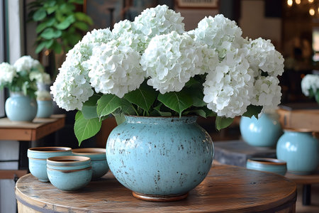 White hydrangea blooms beautifully displayed in a speckled turquoise ceramic vase create a serene ambiance. surrounded by matching pottery, it's perfect for adding elegance to home interiors or event tablescapes. Generative AIの素材