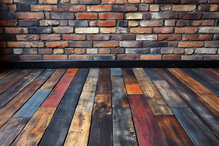 Rustic charm meets industrial design in this interior scene featuring an exposed brick wall paired with a vibrant hardwood floor. the weathered texture and mixed hues of the wood create a dynamic contrast with the vintage brick backdrop. perfect for design inspiration or project ideas emphasizing rustic and industrial elements. Generative AIの素材