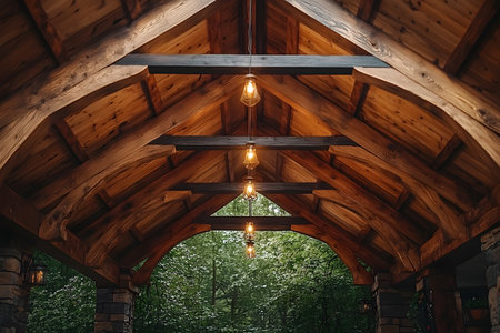 Gazebo with wooden beams and warm lighting nestled in a lush forest environment. the structure features exposed trusses and is ideal for outdoor gatherings, offering a cozy and inviting atmosphere enhanced by glowing light bulbs. Generative AIの素材