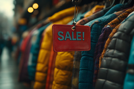 Rows of colorful winter jackets with a prominent red sale tag hang in an outdoor market. the scene is vibrant, retail and shopping themes in a casual, urban setting. Generative AIの素材
